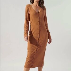 Pink Blush Midi maternity Long Sleeve Ribbed button front v neck sweater dress